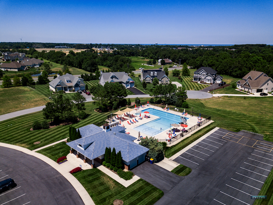 Streets aerial view and community pool | Hawkseye, Lewes, Delaware HOA Home Owners Association